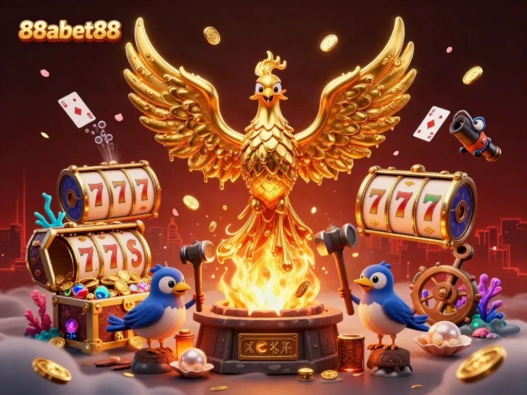 Engage with the dynamic 88abet88 scene showcasing a molten phoenix and gold treasures in a vibrant casino environment.