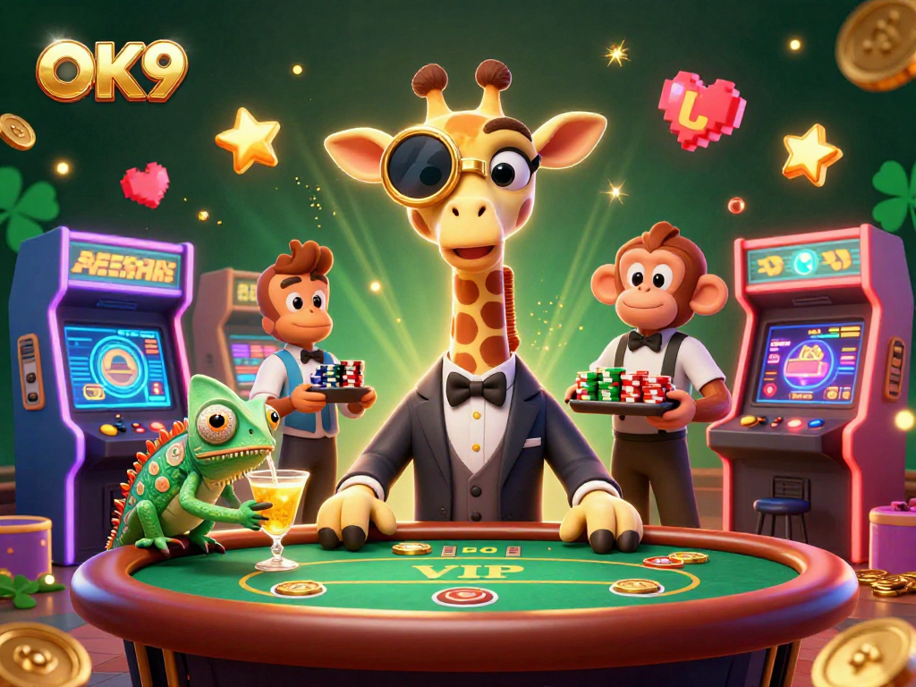 Experience the thrilling gameplay at OK9 with a high-roller giraffe, making big bets at poker alongside vibrant casino elements.