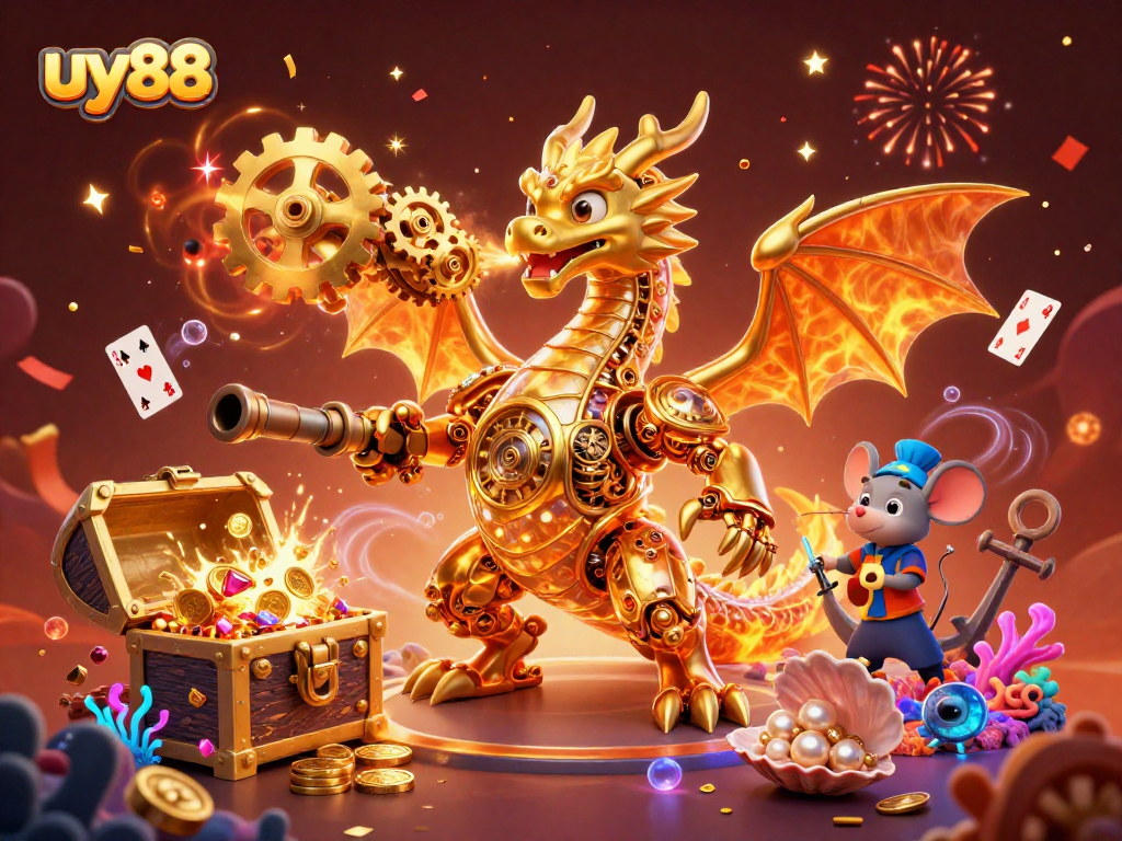 Experience the thrilling gameplay of uy88 with vibrant casino elements and a fantasy dragon scene.