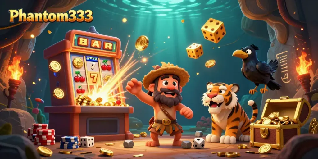 Experience the excitement of Phantom333 at this vibrant prehistoric casino scene, featuring dynamic characters and engaging slot elements.