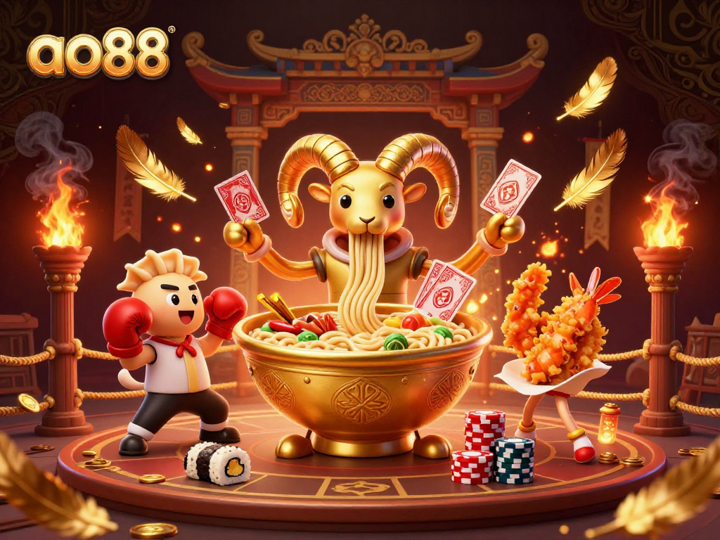 Ao88 brings winning excitement with a 3D casino scene featuring a giant ramen bowl dealer and dynamic game elements.