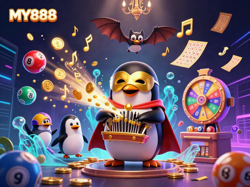 Experience the magic of MY888 with a lively 3D scene featuring gaming excitement, colorful lottery balls, and golden prizes!