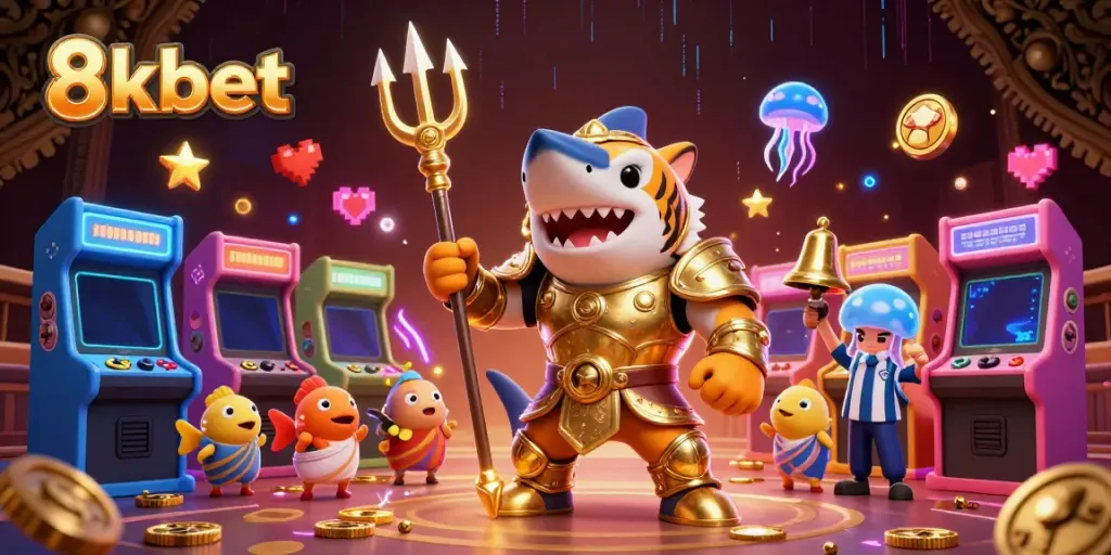 Experience the thrilling world of 8xbet with an underwater casino battle featuring a golden gladiator shark.