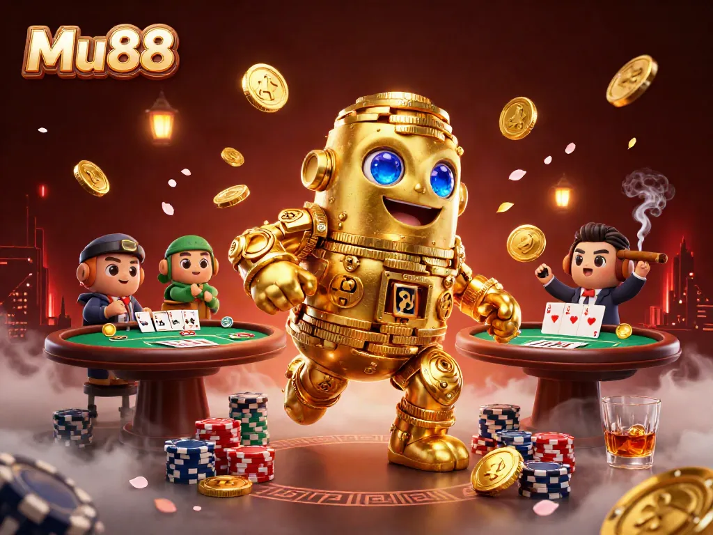 Experience thrilling gameplay with Mu88 at a vibrant 3D casino featuring dynamic poker elements and a golden golem.
