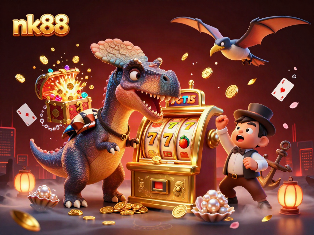 nk88 casino scene with a pachycephalosaurus striking a slot machine, coins flying everywhere