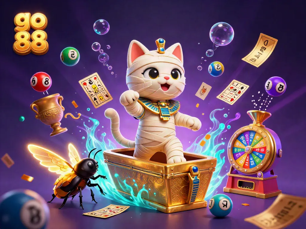 Experience the thrilling world of go 88 as a mummy cat and scarab beetle engage in vibrant casino action.