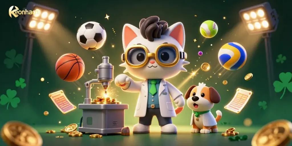 Bet on dynamic sports action at keonhacai with a scientist cat and assistant dog creating excitement.