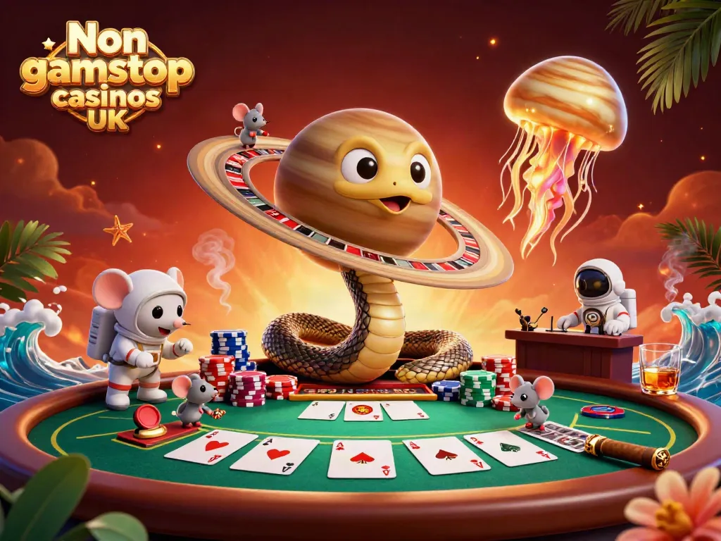 Experience the excitement of Non gamstop casinos UK as astronauts place bets on a cosmic roulette, enjoying vibrant gaming elements.