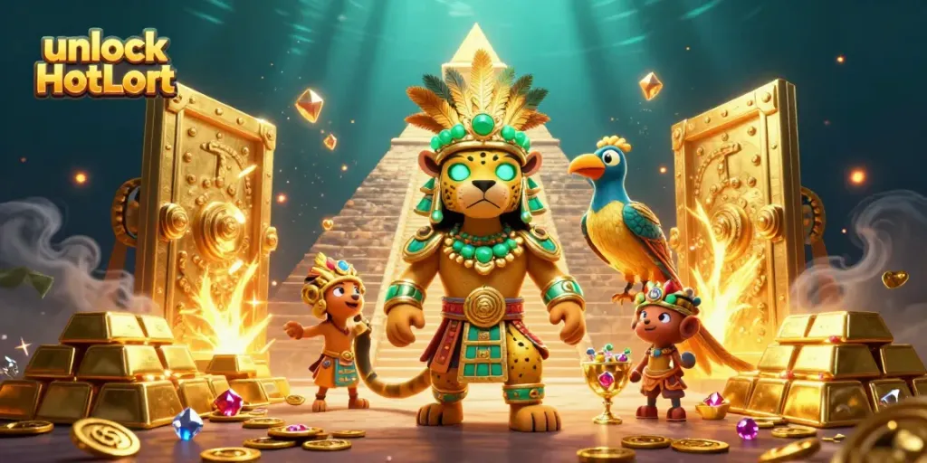 Unlock HotLoot to reveal treasures in this vibrant 3D casino scene.