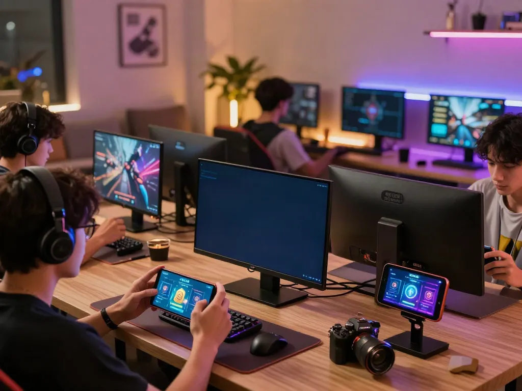 Players enjoying ORION88 mobile gaming in a vibrant lounge, capturing excitement and social interaction.