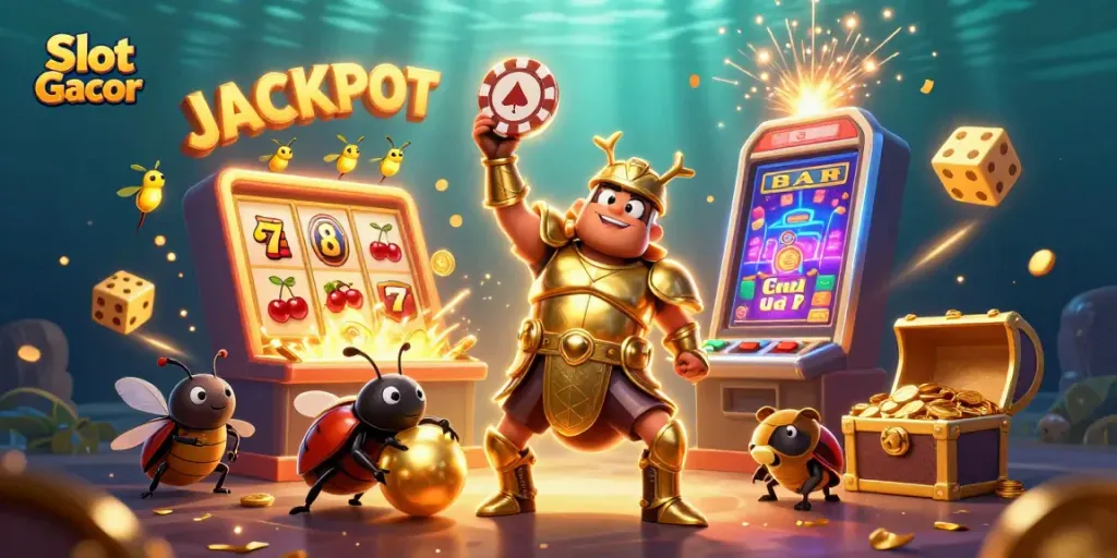 Slot Gacor menampilkan kemenangan dengan karakter unik dan ledakan jackpot di latar belakang.