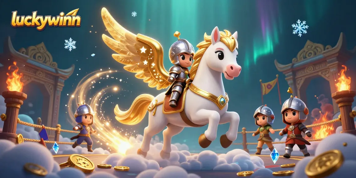 Experience thrilling gameplay with luckywinn as a celestial knight rides a magical horse in a vibrant casino scene.
