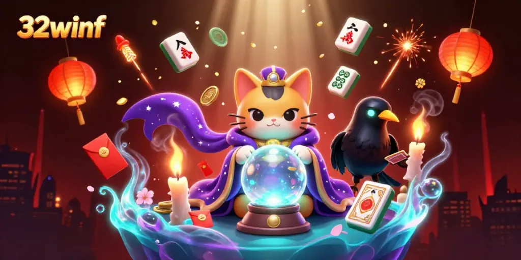 Experience thrilling gameplay at 32winf with a dynamic scene featuring fortune tellers and casino elements.