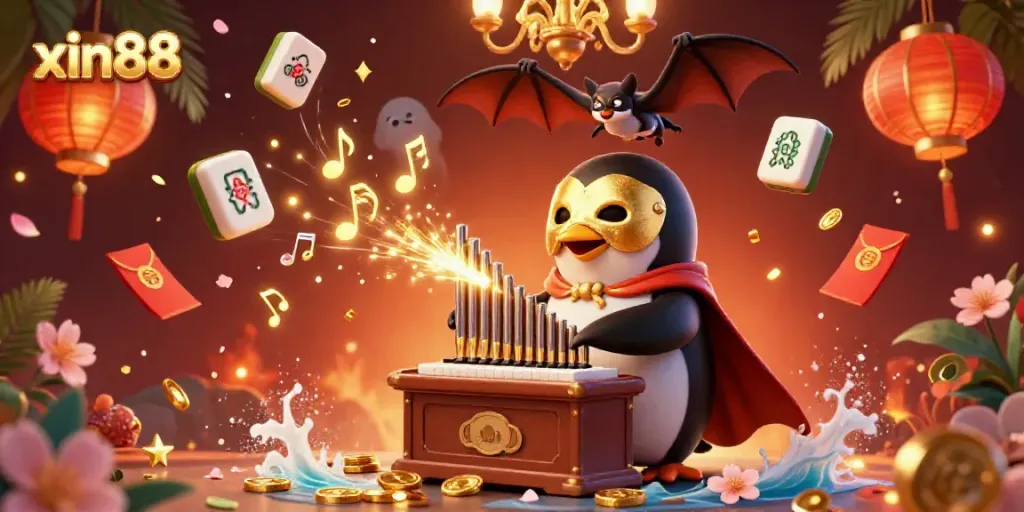 Experience the excitement of xin88 with a captivating 3D illustration featuring a phantom penguin alongside festive casino elements.