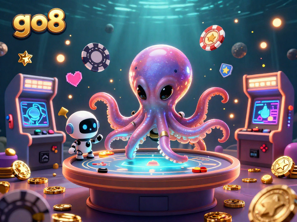 Engage in exhilarating games at go8 with a vibrant scene of a cartoon alien octopus playing poker.