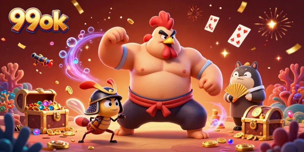 Engage in exciting gameplay with 99ok as a sumo wrestler rooster battles a samurai cricket in a vibrant casino scene.