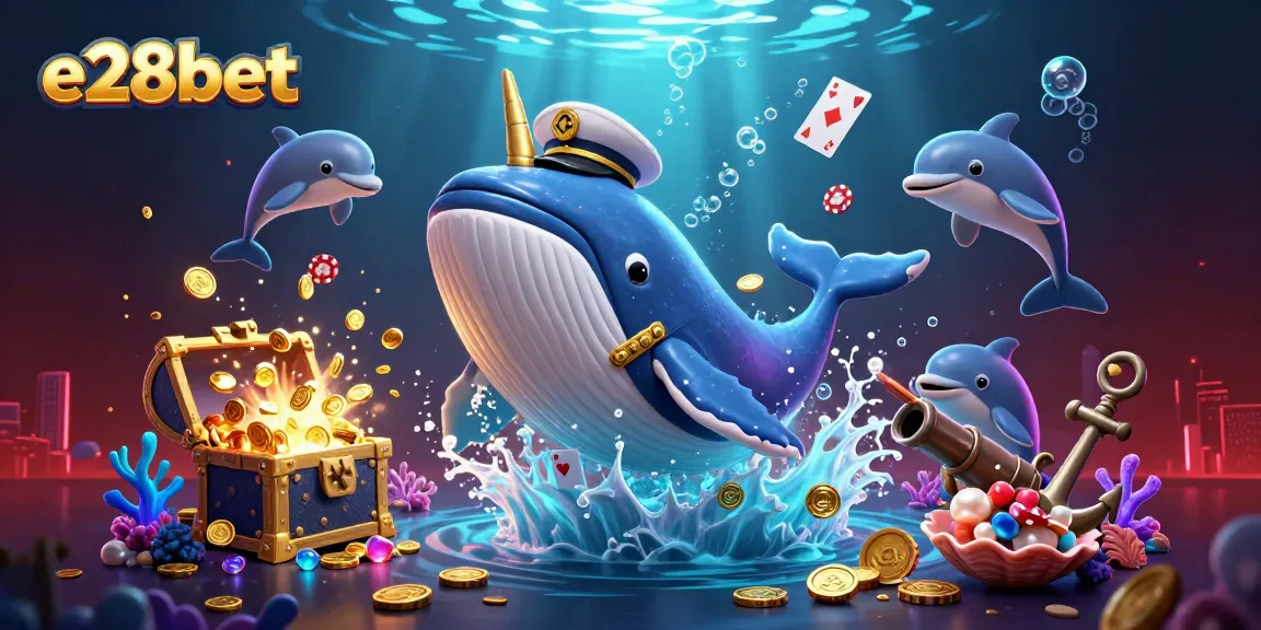 Experience thrilling gameplay at e28bet with stunning visuals of a whimsical underwater casino scene featuring a whale and poker chips.