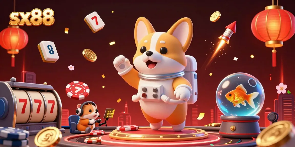 Experience vibrant gaming with sx88 as an astronaut corgi floats in a glittering casino.