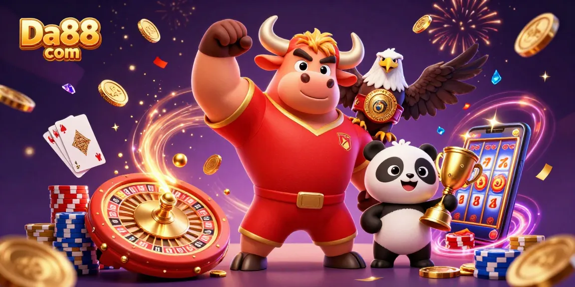 Engage in thrilling gaming at Da88 com with our dynamic casino illustration featuring action and fun.
