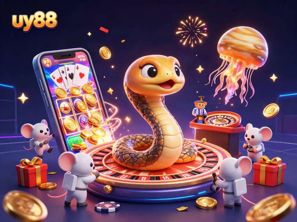 Engage with uy88's vibrant cosmic casino scene showcasing astronaut mice betting on a roulette wheel.