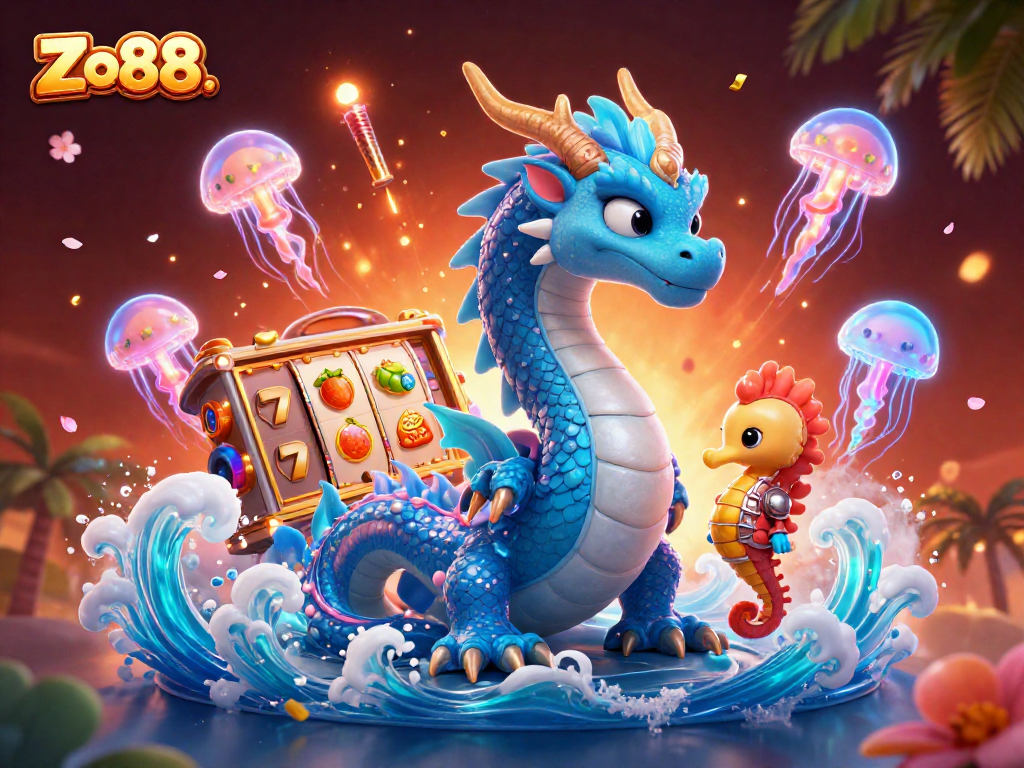 Spin the reels with Zo88. in a vibrant 3D casino scene featuring mystical creatures and festive elements.