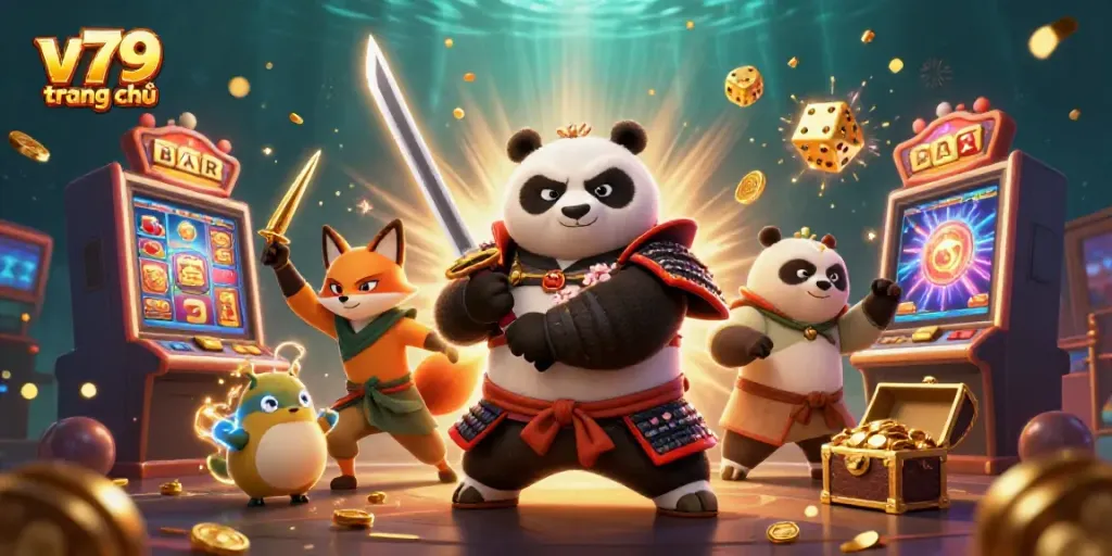 Engage with thrilling slots at v79 trang chủ with a vibrant casino scene showcasing dynamic characters and game elements.