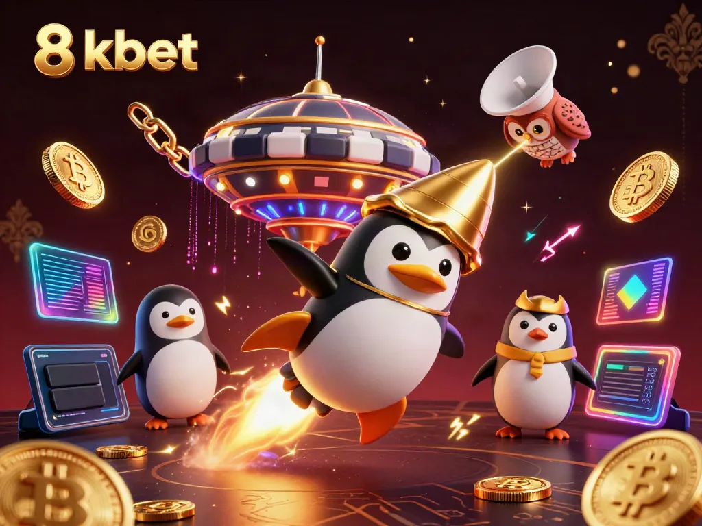 Experience 8xbet through a vibrant 3D illustration featuring a golden penguin and crypto elements.