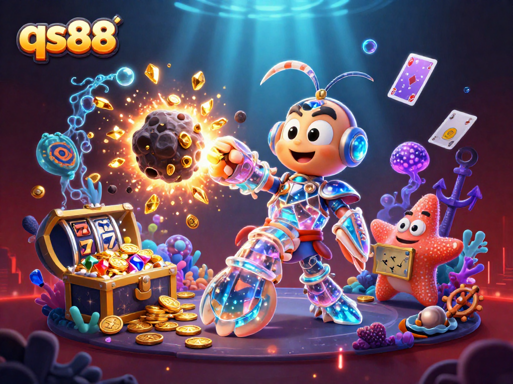qs88 enhances gameplay with a 3D casino scene featuring vibrant slot reels and treasures.