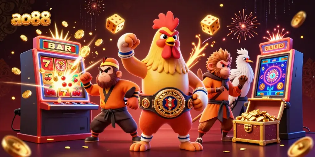 Experience excitement with ao88 in a dynamic casino scene featuring a Muay Thai rooster, Shaolin monkey, and a wise crane.