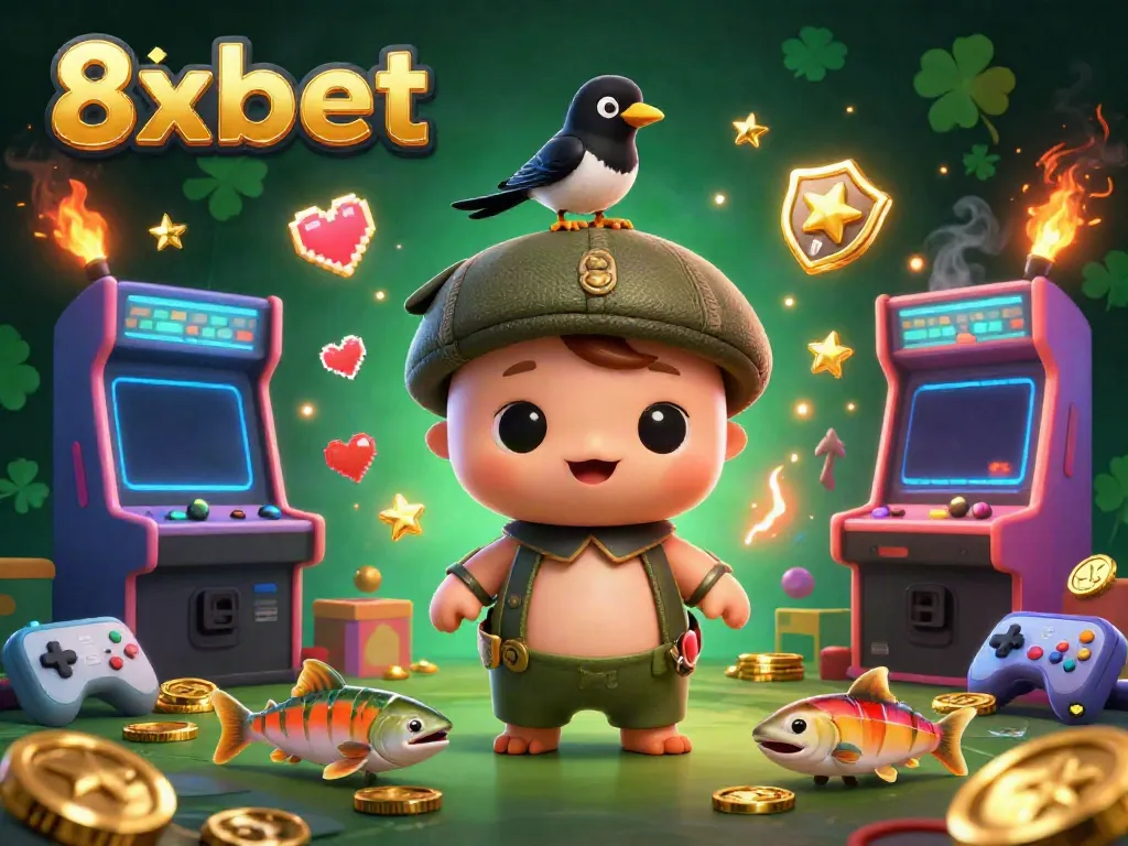 Join 8xbet with a fun illustration of a playful baby Nessie and friends surrounded by vibrant gaming elements.