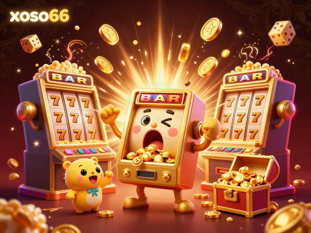 Experience xoso66's thrilling jackpot with a cartoon golden slot machine celebrating wins and surrounded by casino elements.