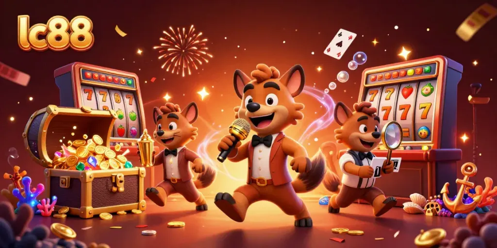 Win big at lc88 with lively hyena characters in a dynamic casino scene, featuring slot elements.