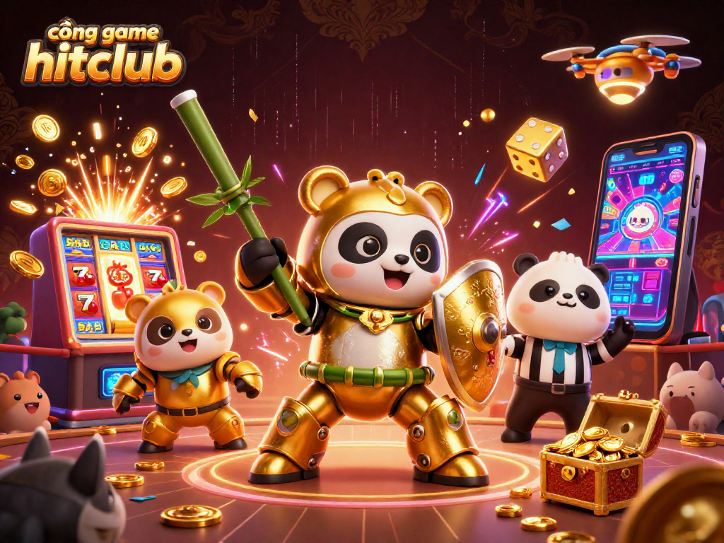 Engage in the thrilling cổng game hitclub atmosphere with a golden panda piloting a robot in a vibrant casino setting.