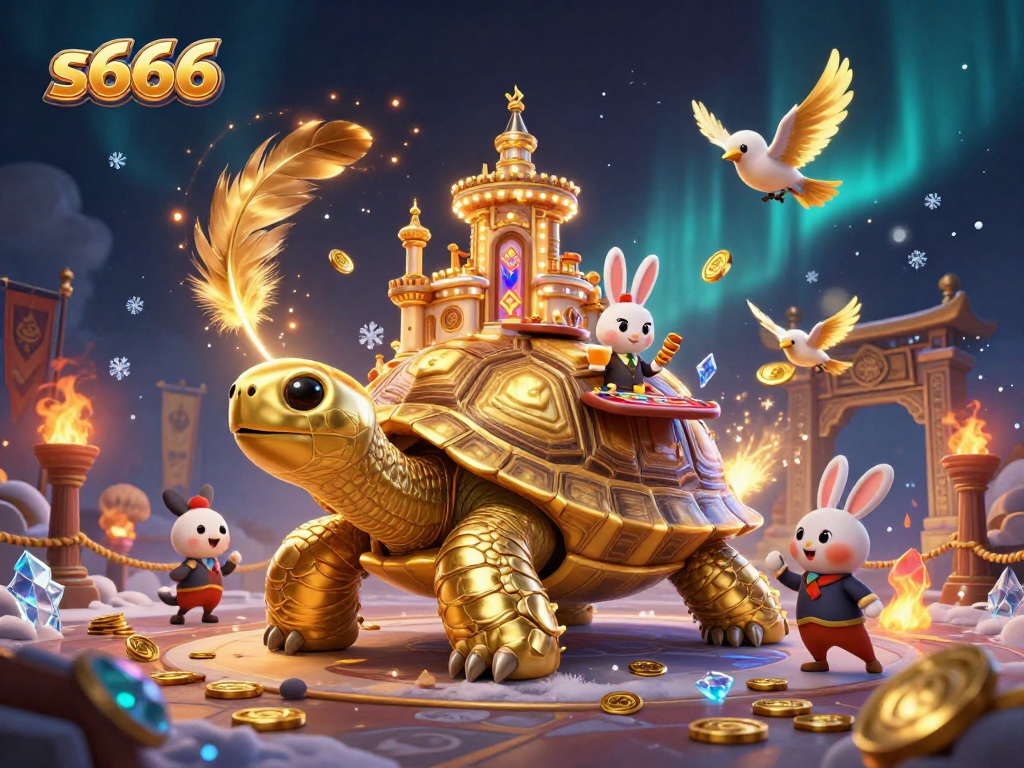S666 casino game scene with a golden tortoise and dealer, capturing the excitement of gambling.