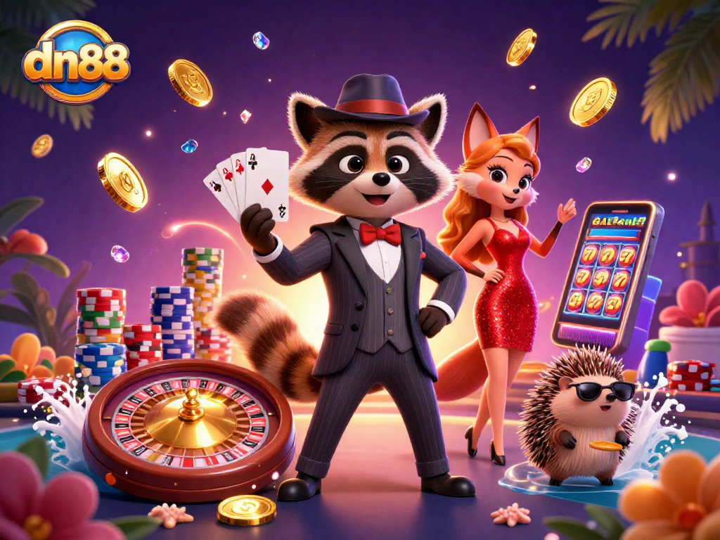 dn88 raccoon deals a royal flush as fox lady shines in sequins amidst casino action.