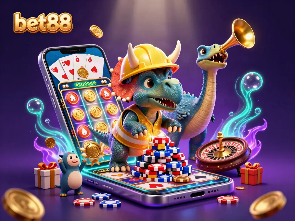 Bet88 brings excitement to winnings with a 3D triceratops building poker chip pyramids.