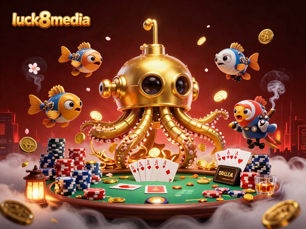 Win big at luck8media with this lively 3D scene featuring a golden kraken and poker highlights.