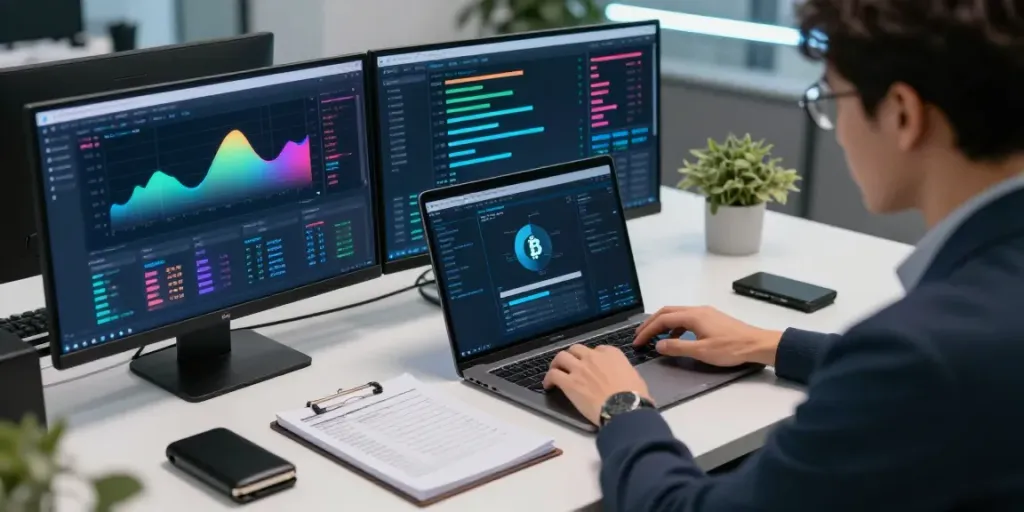 crypto forensic investigator analyzing blockchain data in a modern office