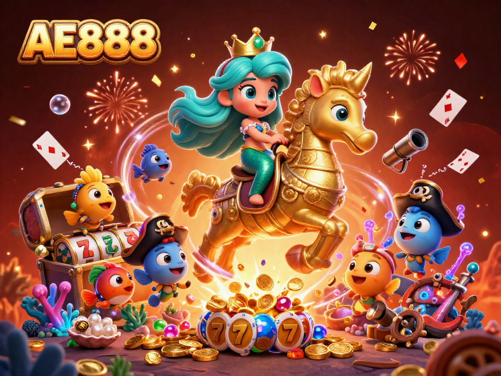 Engage with AE888's vibrant underwater casino scene featuring exciting slot elements and mermaid characters.