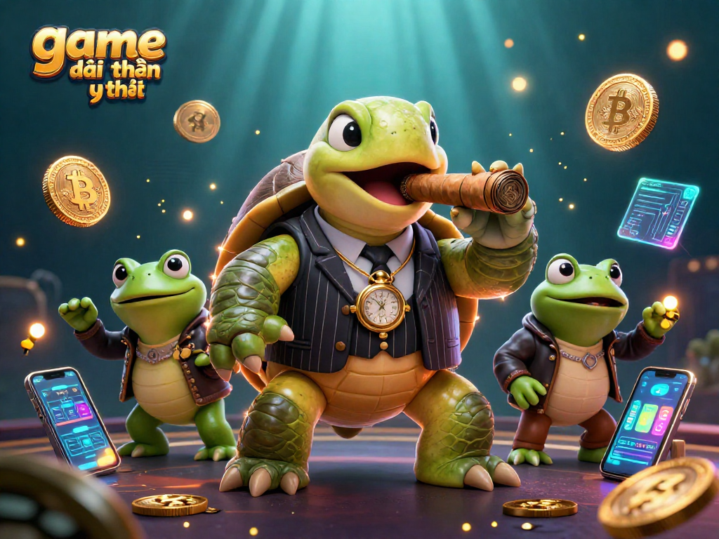 Engage with game đổi thưởng uy tín in this vibrant 3D scene featuring crypto coins and lively characters.