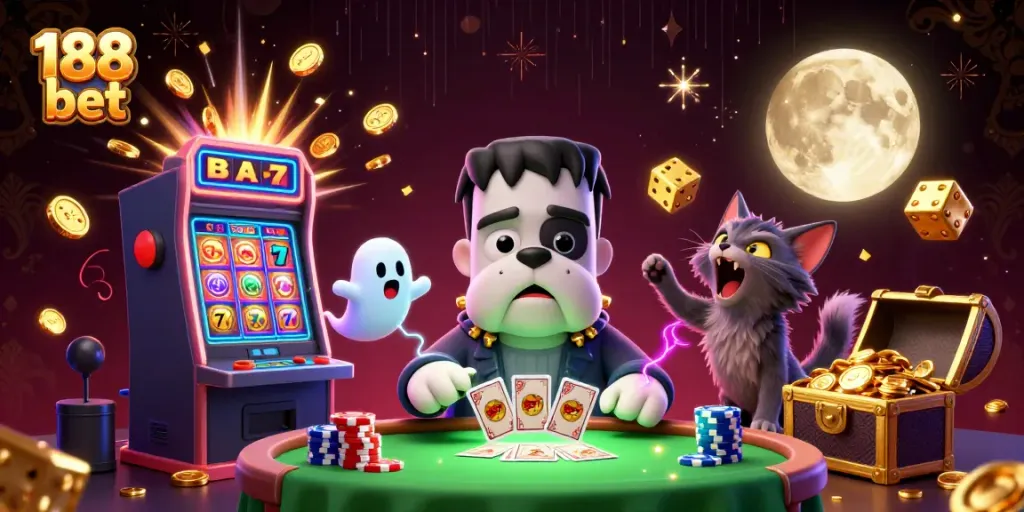 Engage with the thrilling world of 188 bet through a vibrant casino scene featuring a cartoon bulldog dealer and whimsical characters.