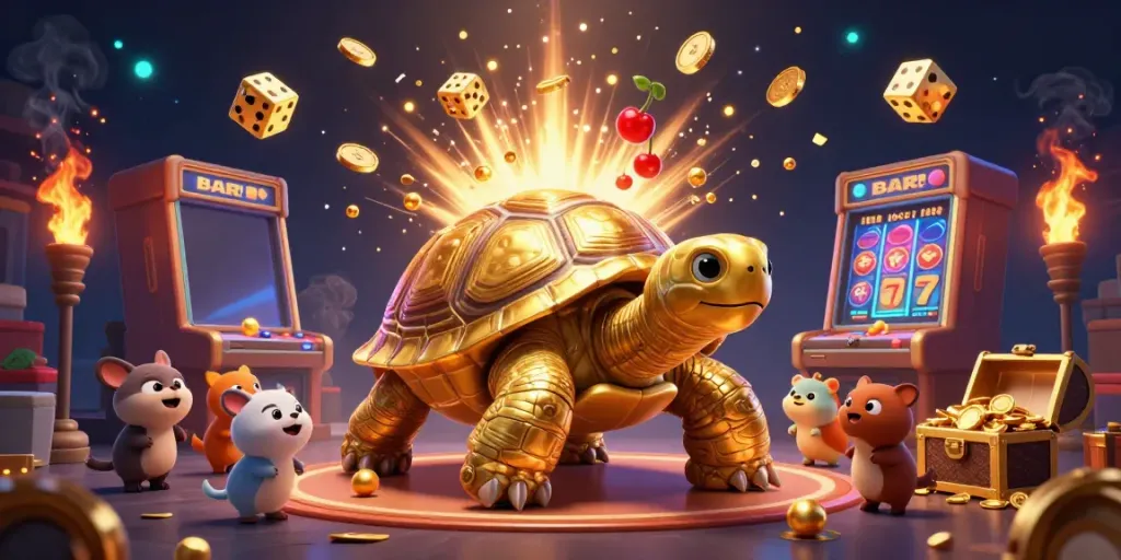 Experience sun win excitement with a colossal golden tortoise pinball machine surrounded by a wealth of gaming action.