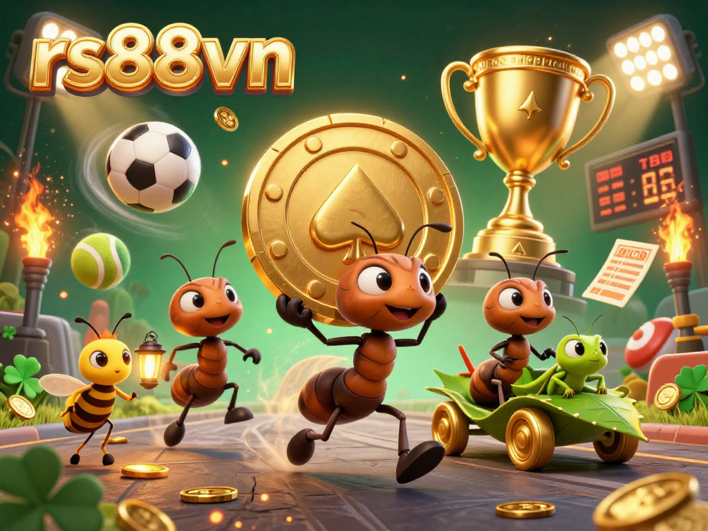Engage with rs88vn in this vibrant 3D scene of ants navigating a heist with golden poker chip, surrounded by dynamic sports elements.