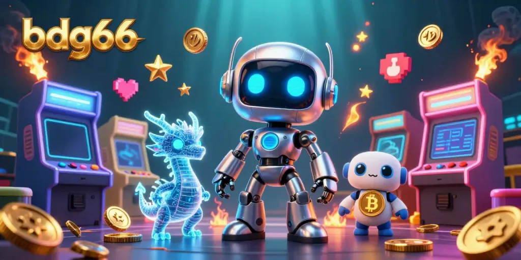 Engage in exciting gameplay with bdg66 as a cyberpunk robot and holographic dragon guide you through vibrant gaming adventures.