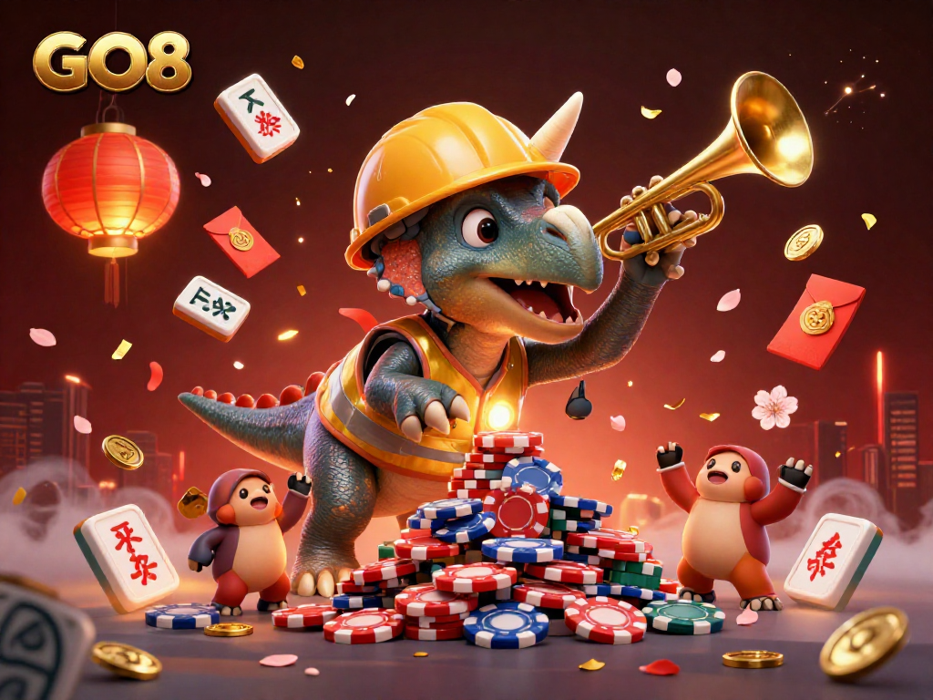 GO8 celebrates with a lively 3D scene of joyful characters building excitement, showcasing casino elements.