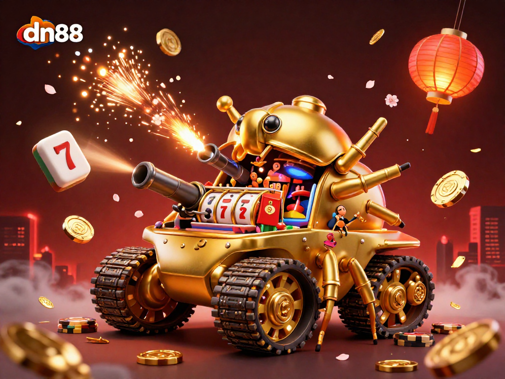 Engage with the dynamic gaming scene of dn88 featuring a golden beetle tank with casino elements.
