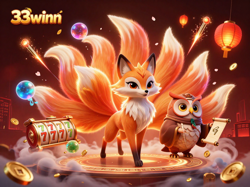 33winn showcases a vibrant online casino scene with a nine-tailed fox spirit, symbolizing luck and winning.