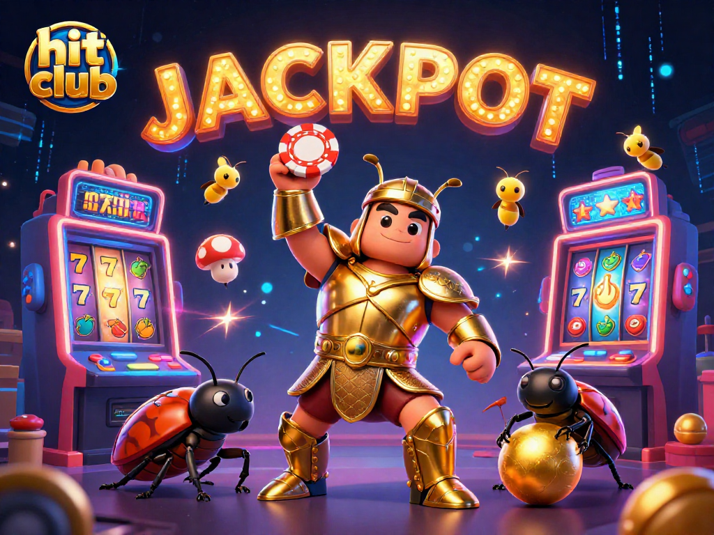 hit club jackpot celebration with a victory pose, colorful casino elements surrounding