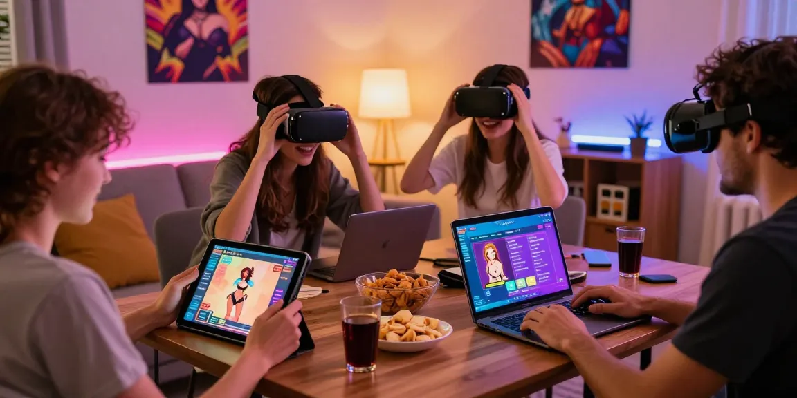 Exciting adults enjoying sex games online on various devices in a cozy gaming atmosphere.