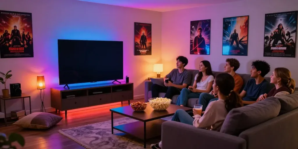 A cozy movie night scene showing friends enjoying popular films on idlix.